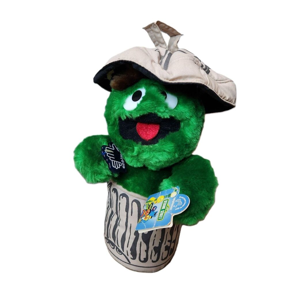 1995 Oscar the Grouch Plush in Trash Can Sesame Street Applause Vintage